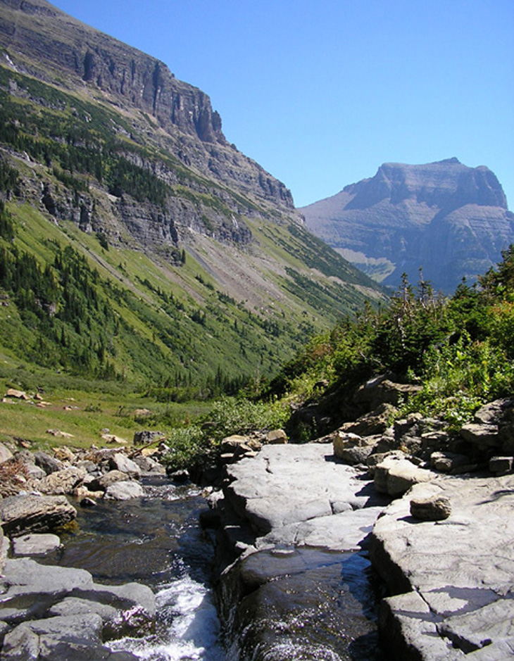 picture of glacier waterfall valley and mountains