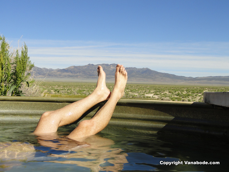 resting in the free super heated hot springs tub in the desert outside Austin Nevada.