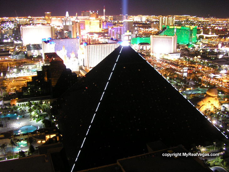 asonishing view of the decadent luxor at night from Mandalay Bay's club tower