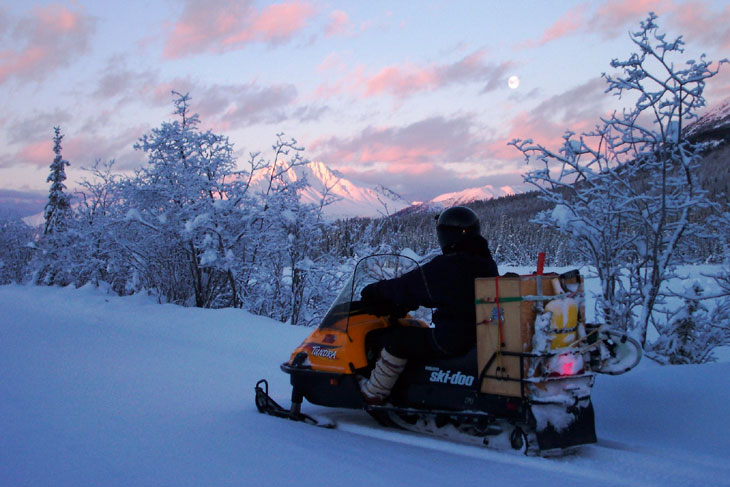 picture taken of traveling via snow machine in Wrangell St Elias Park Alaska