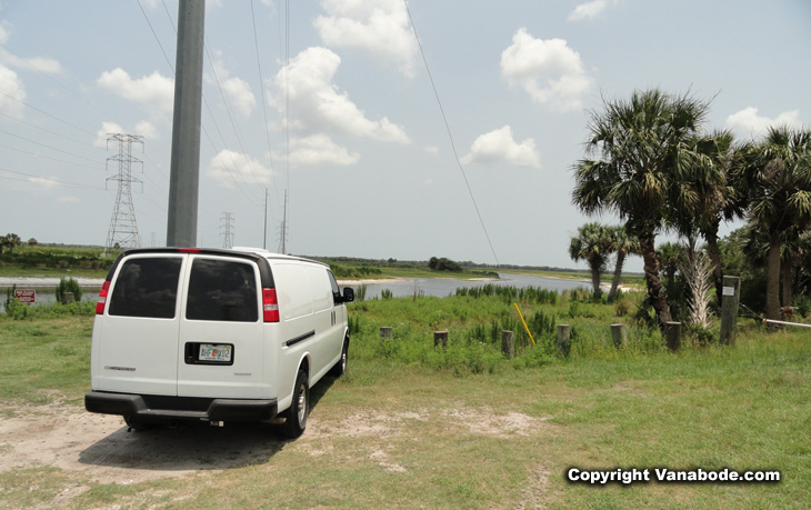 shows Vanabode parked on one of the  many parts of 17 miles of tosohatchee  bordering saint johns river